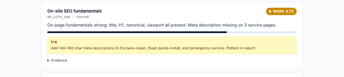 Sample report detail: a failing Schema.org check with a yellow 'FIX' callout describing the specific remediation step.